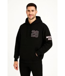 Üç İplik Kapüşonlu Ön Ve Arka Baskılı SweatShirt Hoodie - Siyah