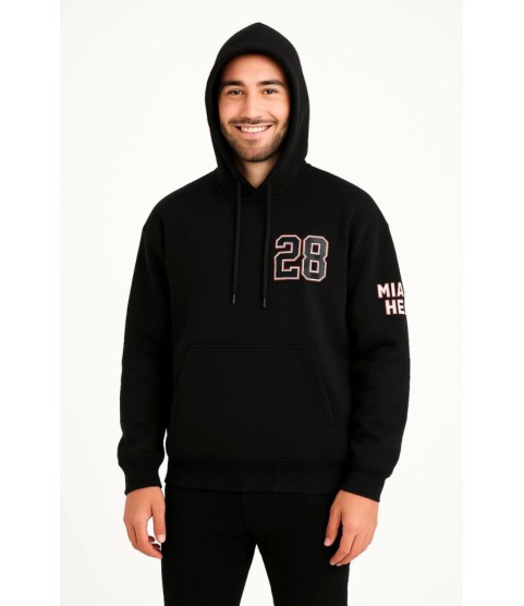 Üç İplik Kapüşonlu Ön Ve Arka Baskılı SweatShirt Hoodie - Siyah