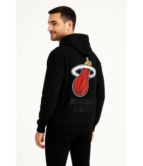 Üç İplik Kapüşonlu Ön Ve Arka Baskılı SweatShirt Hoodie - Siyah