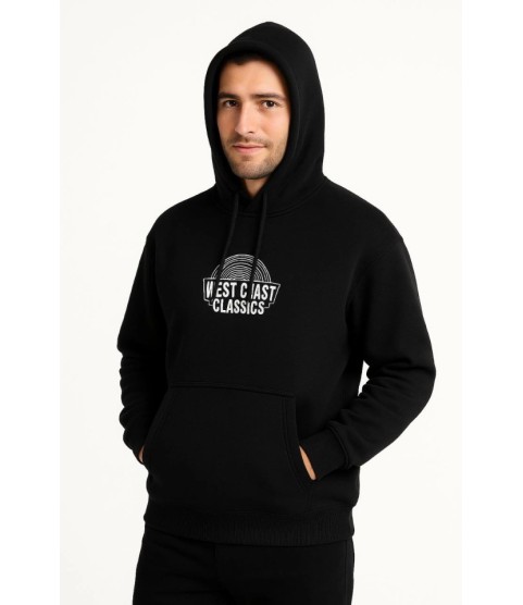 Erkek Üç İplik Kapüşonlu Ön Ve Arka Baskılı SweatShirt Hoodie - Siyah