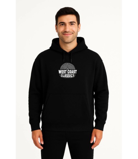 Erkek Üç İplik Kapüşonlu Ön Ve Arka Baskılı SweatShirt Hoodie - Siyah