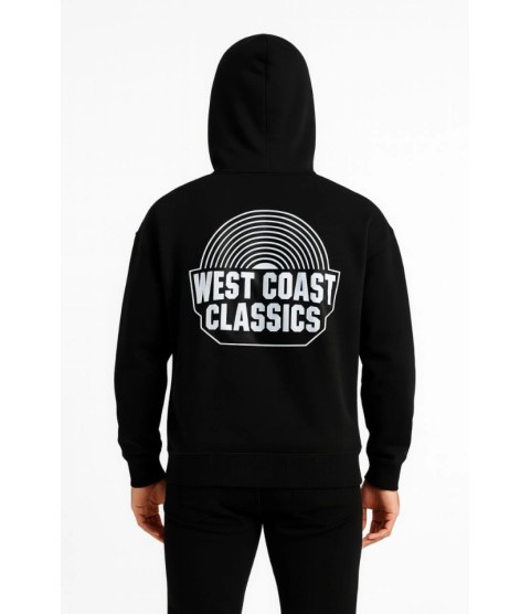 Erkek Üç İplik Kapüşonlu Ön Ve Arka Baskılı SweatShirt Hoodie - Siyah