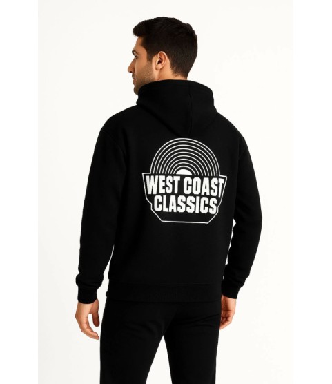 Erkek Üç İplik Kapüşonlu Ön Ve Arka Baskılı SweatShirt Hoodie - Siyah