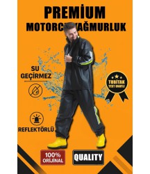 Premium Motorcu Kurye Yağmurluk Takım Su Geçirmez PVC Kumaş Reflektörlü TÜBİTAK Onaylı - Siyah