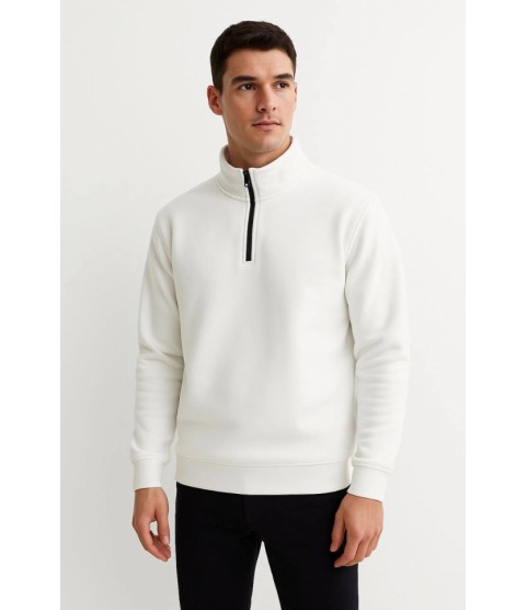 Erkek Dik Yaka Sweatshirt Dik Yaka Yarım Fermuarlı 3 İplik Şardonlu Pamuk Kumaş - Beyaz