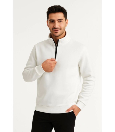 Erkek Dik Yaka Sweatshirt Dik Yaka Yarım Fermuarlı 3 İplik Şardonlu Pamuk Kumaş - Beyaz