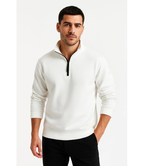Erkek Dik Yaka Sweatshirt Dik Yaka Yarım Fermuarlı 3 İplik Şardonlu Pamuk Kumaş - Beyaz