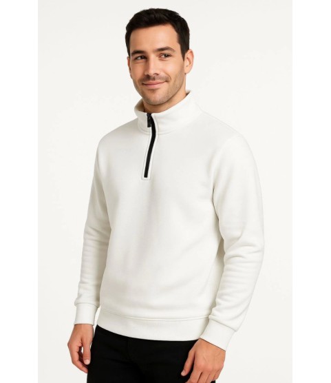Erkek Dik Yaka Sweatshirt Dik Yaka Yarım Fermuarlı 3 İplik Şardonlu Pamuk Kumaş - Beyaz