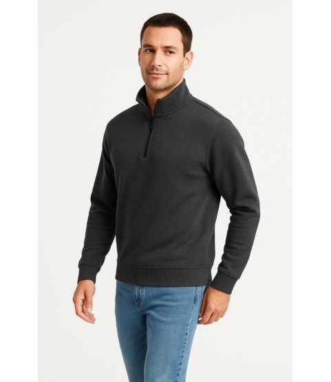 Erkek Dik Yaka Sweatshirt Dik Yaka Yarım Fermuarlı 3 İplik Şardonlu Pamuk Kumaş - Antrasit