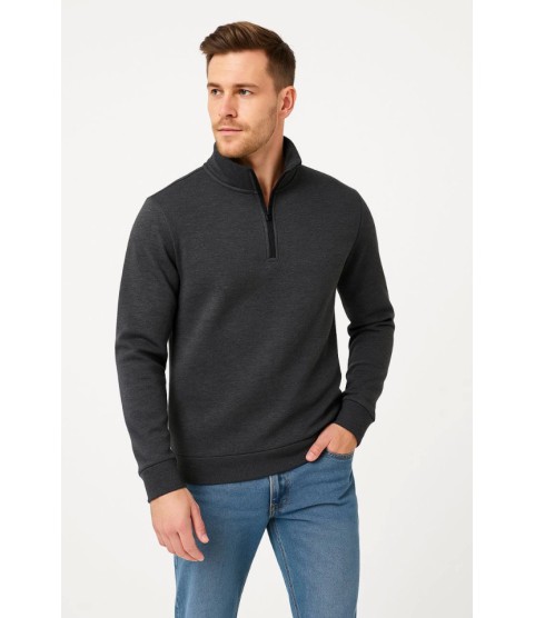 Erkek Dik Yaka Sweatshirt Dik Yaka Yarım Fermuarlı 3 İplik Şardonlu Pamuk Kumaş - Antrasit