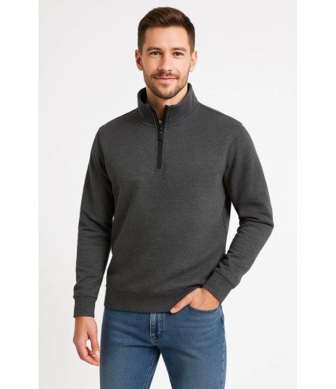 Erkek Dik Yaka Sweatshirt Dik Yaka Yarım Fermuarlı 3 İplik Şardonlu Pamuk Kumaş - Antrasit
