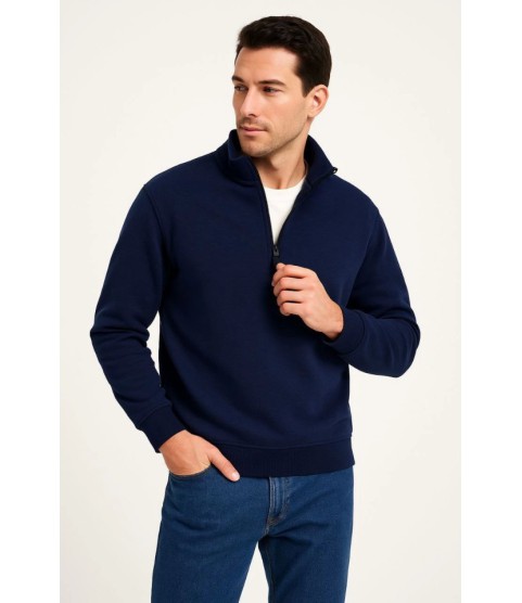 Erkek Dik Yaka Sweatshirt Dik Yaka Yarım Fermuarlı 3 İplik Şardonlu Pamuk Kumaş - Lacivert