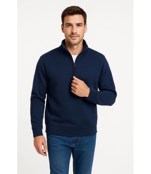 Erkek Dik Yaka Sweatshirt Dik Yaka Yarım Fermuarlı 3 İplik Şardonlu Pamuk Kumaş - Lacivert