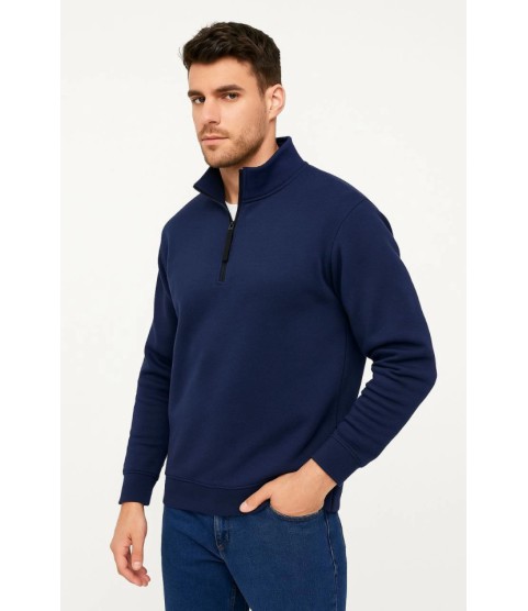Erkek Dik Yaka Sweatshirt Dik Yaka Yarım Fermuarlı 3 İplik Şardonlu Pamuk Kumaş - Lacivert