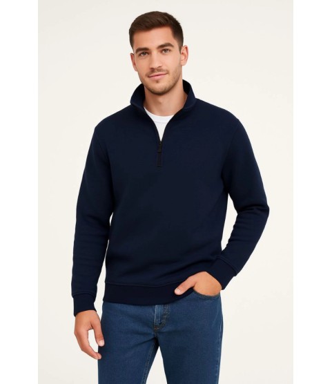 Erkek Dik Yaka Sweatshirt Dik Yaka Yarım Fermuarlı 3 İplik Şardonlu Pamuk Kumaş - Lacivert