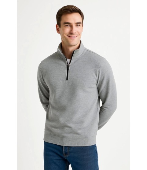 Erkek Dik Yaka Sweatshirt Dik Yaka Yarım Fermuarlı 3 İplik Şardonlu Pamuk Kumaş - Gri
