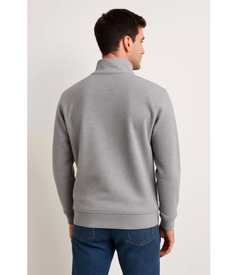 Erkek Dik Yaka Sweatshirt Dik Yaka Yarım Fermuarlı 3 İplik Şardonlu Pamuk Kumaş - Gri