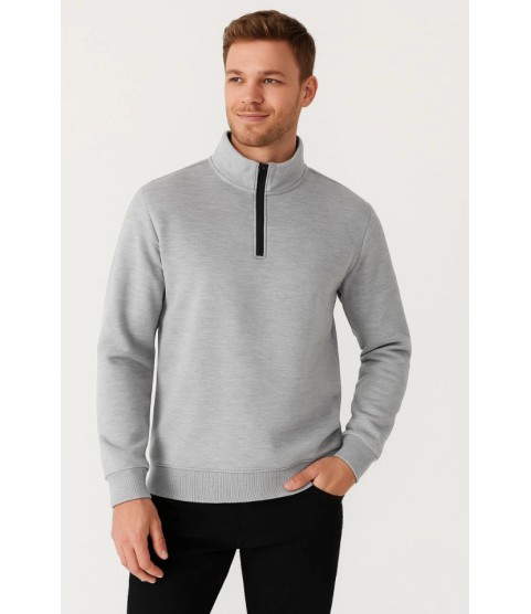 Erkek Dik Yaka Sweatshirt Dik Yaka Yarım Fermuarlı 3 İplik Şardonlu Pamuk Kumaş - Gri