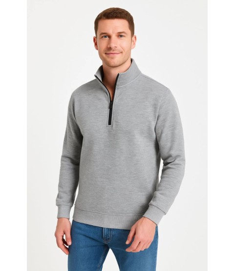 Erkek Dik Yaka Sweatshirt Dik Yaka Yarım Fermuarlı 3 İplik Şardonlu Pamuk Kumaş - Gri