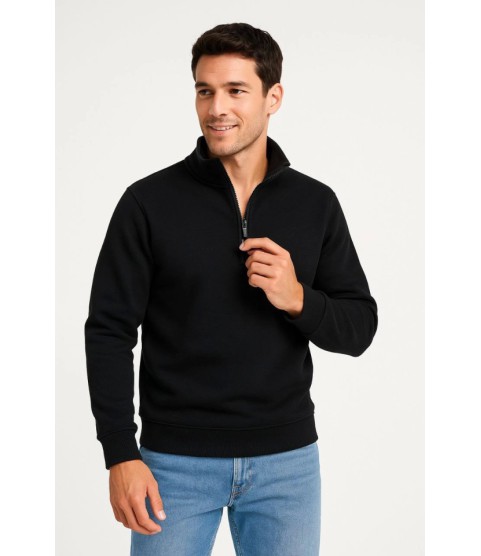 Erkek Dik Yaka Sweatshirt Dik Yaka Yarım Fermuarlı 3 İplik Şardonlu Pamuk Kumaş - Siyah