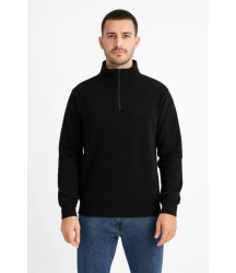 Erkek Dik Yaka Sweatshirt Dik Yaka Yarım Fermuarlı 3 İplik Şardonlu Pamuk Kumaş - Siyah