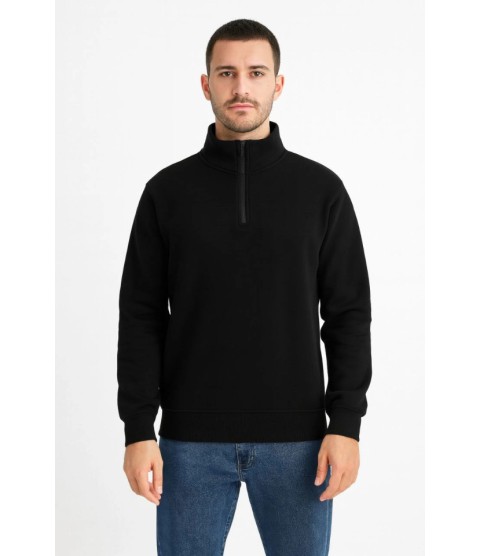 Erkek Dik Yaka Sweatshirt Dik Yaka Yarım Fermuarlı 3 İplik Şardonlu Pamuk Kumaş - Siyah