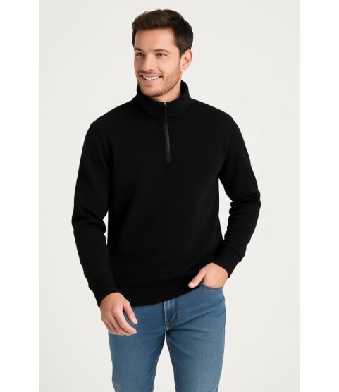 Erkek Dik Yaka Sweatshirt Dik Yaka Yarım Fermuarlı 3 İplik Şardonlu Pamuk Kumaş - Siyah