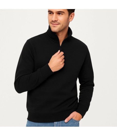 Erkek Dik Yaka Sweatshirt Dik Yaka Yarım Fermuarlı 3 İplik Şardonlu Pamuk Kumaş - Siyah