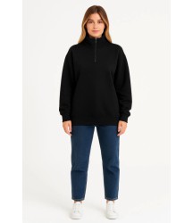 Üç İplik Dık Yaka Yarım Fermuarlı SweatShirt - Siyah