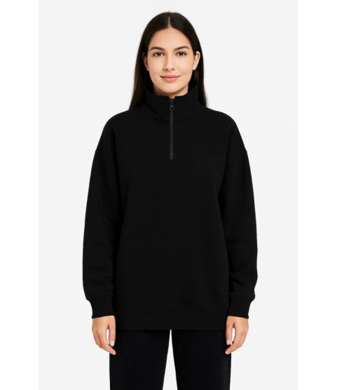 Üç İplik Dık Yaka Yarım Fermuarlı SweatShirt - Siyah