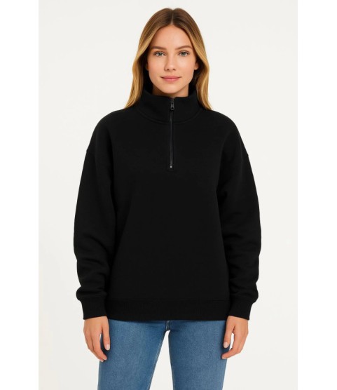 Üç İplik Dık Yaka Yarım Fermuarlı SweatShirt - Siyah