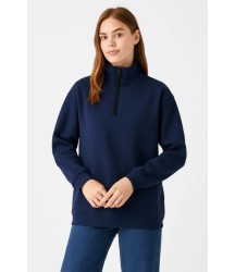 Üç İplik Dık Yaka Yarım Fermuarlı SweatShirt - Lacivert