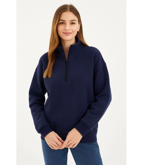 Üç İplik Dık Yaka Yarım Fermuarlı SweatShirt - Lacivert Üç İplik Dık Yaka Yarım Fermuarlı SweatShirt - Lacivert