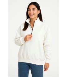 Üç İplik Dık Yaka Yarım Fermuarlı SweatShirt - Beyaz