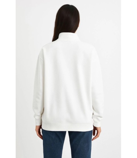 Üç İplik Dık Yaka Yarım Fermuarlı SweatShirt - Beyaz