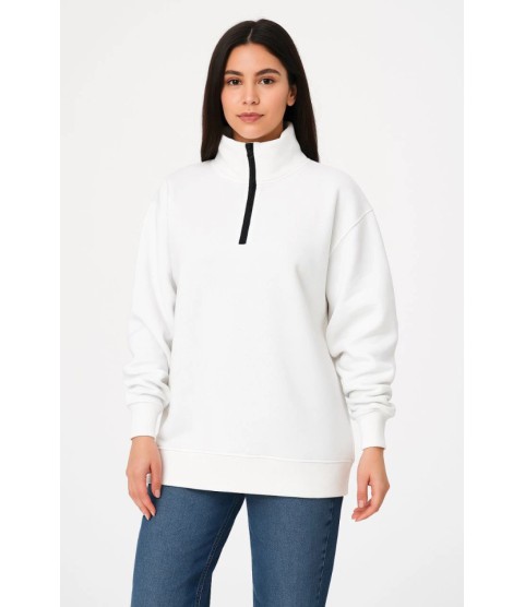 Üç İplik Dık Yaka Yarım Fermuarlı SweatShirt - Beyaz