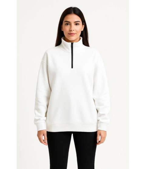 Üç İplik Dık Yaka Yarım Fermuarlı SweatShirt - Beyaz