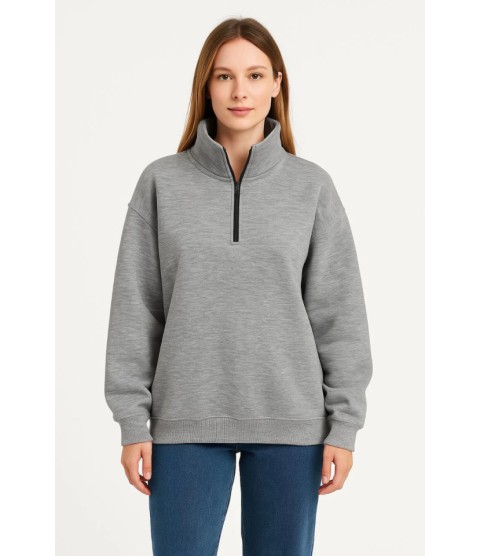 Üç İplik Dık Yaka Yarım Fermuarlı SweatShirt - Gri