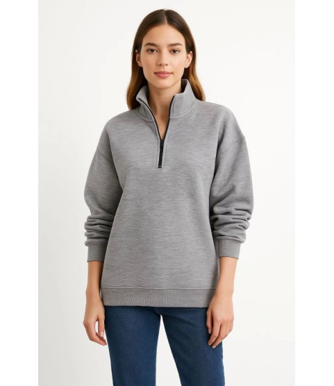 Üç İplik Dık Yaka Yarım Fermuarlı SweatShirt - Gri