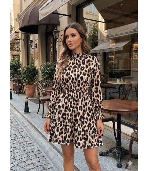 Kadın Uzun Kollu Yarı Balıkçı Yaka Leopar Desenli Modal Mini Elbise Kadın Uzun Kollu Yarı Balıkçı Yaka Leopar Desenli Modal Mini Elbise