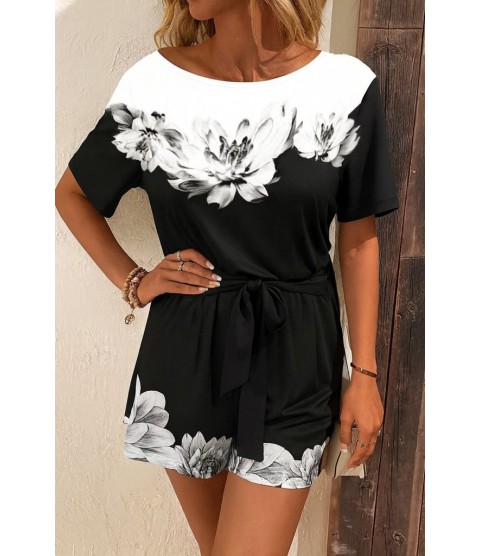Kadın Tek Omuzu Açık çiçek Desenli Beli Kuşaklı Iki Iplik Mini Short Tulum