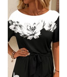 Kadın Tek Omuzu Açık çiçek Desenli Beli Kuşaklı Iki Iplik Mini Short Tulum