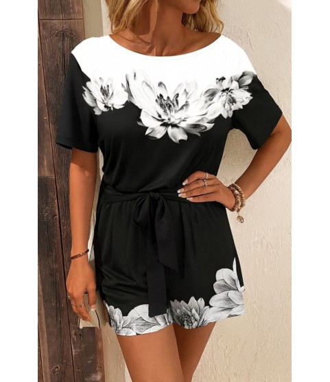 Kadın Tek Omuzu Açık çiçek Desenli Beli Kuşaklı Iki Iplik Mini Short Tulum Kadın Tek Omuzu Açık çiçek Desenli Beli Kuşaklı Iki Iplik Mini Short Tulum