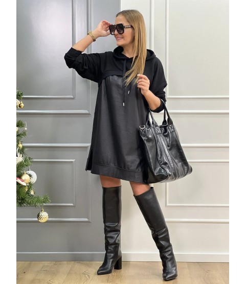 Kadın Uzun Kollu Kapüşon Ve Deri Detay Diz üstü Elbise
