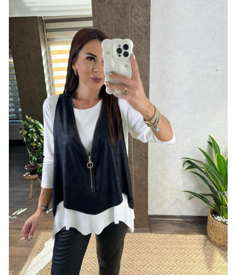 Kadın Uzun Kollu Asimetrik Kesim Viskon Bluz Ve çatlak Deri Görünümlü Yelek Ikili Takım