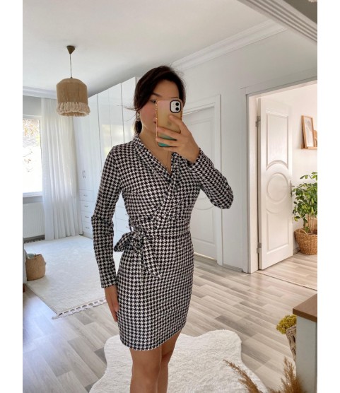 Kadın Uzun Kollu Kruvaze Yaka Bağlamalı Kemer Dalgıç Mini Boy Elbise