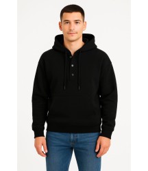 Erkek Ovarsize Kapüşonlu Swetshirt Kanguru Çepli Cıtcıtlı 3 Iplik Şardonlu Hoodie - Siyah