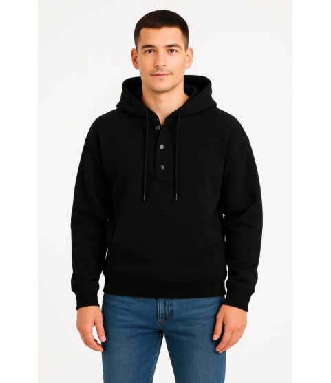 Erkek Ovarsize Kapüşonlu Swetshirt Kanguru Çepli Cıtcıtlı 3 Iplik Şardonlu Hoodie - Siyah