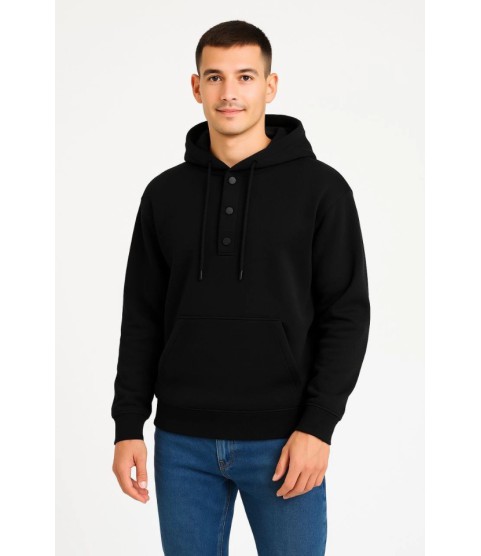 Erkek Ovarsize Kapüşonlu Swetshirt Kanguru Çepli Cıtcıtlı 3 Iplik Şardonlu Hoodie - Siyah