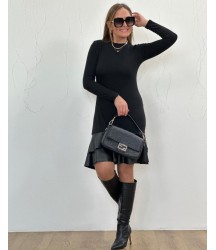 Kadın Uzun Kollu Bisiklet Yaka üst Viskon Etek Ucu Deri Kısa Elbise